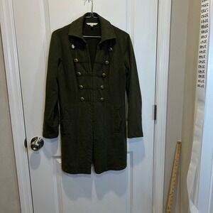 Cabi Womens Military Jacket Olive Green Cotton Hook Eye Long Coat 587 Size S